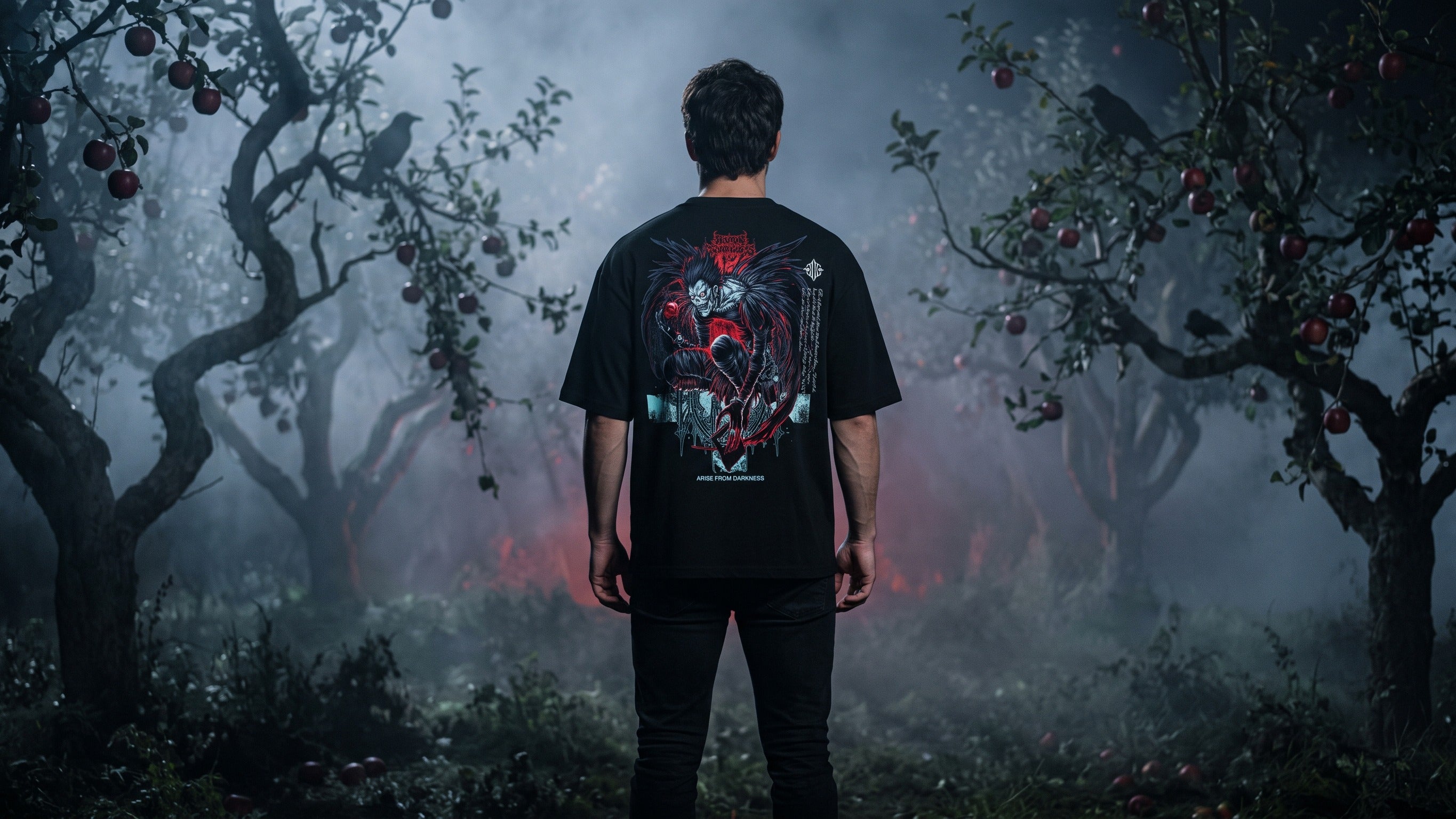 Death Note collection: model in The Shinigami tee in a foggy apple orchard