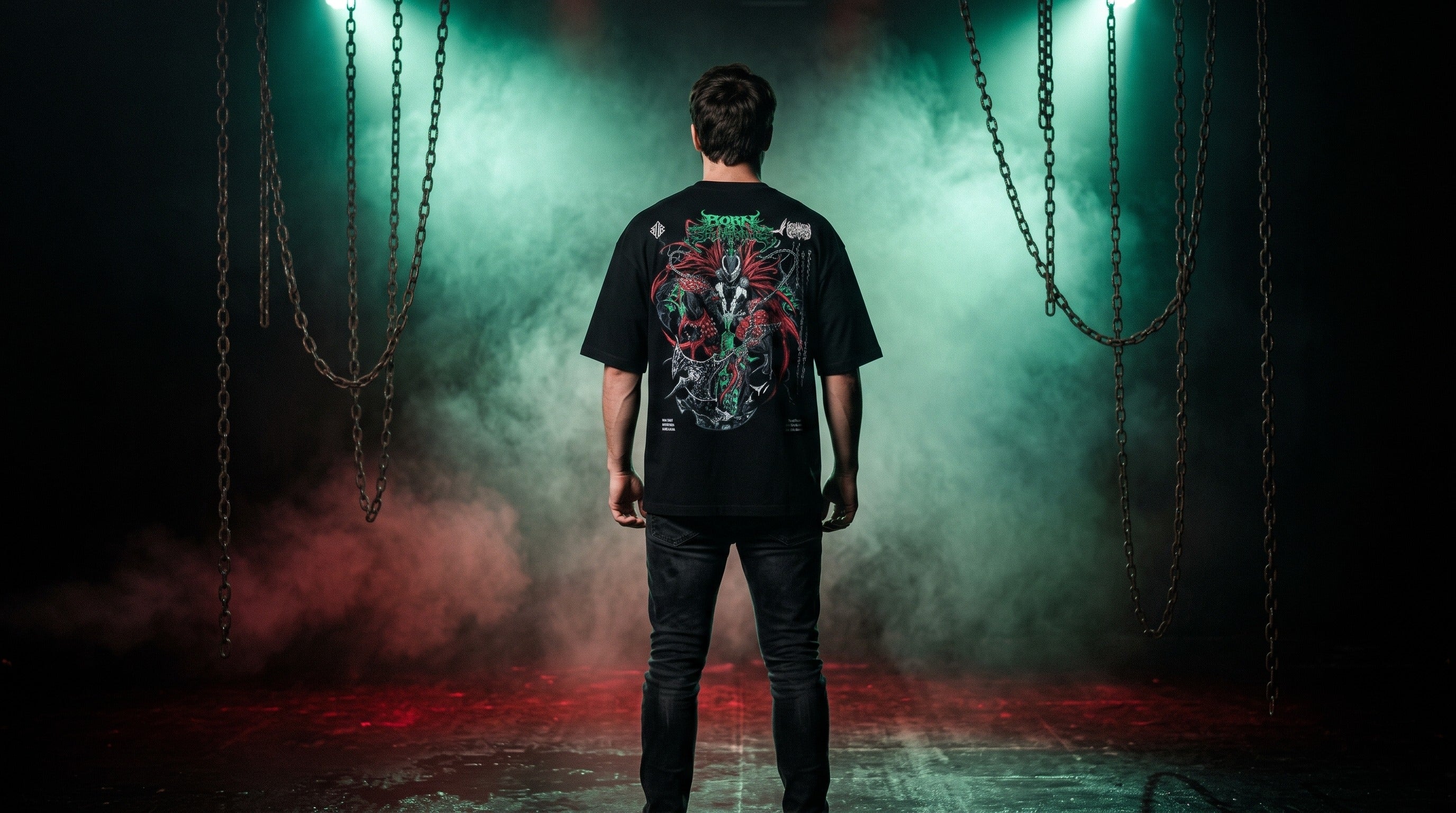 Limited Edition collection: model in the Spawn tee on a smoky stage with hanging chains and green light