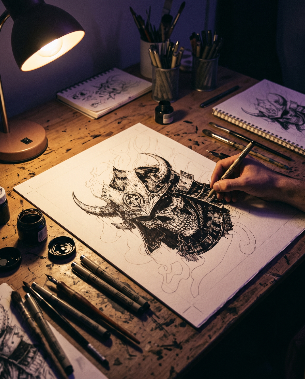 Hand-inking original samurai artwork