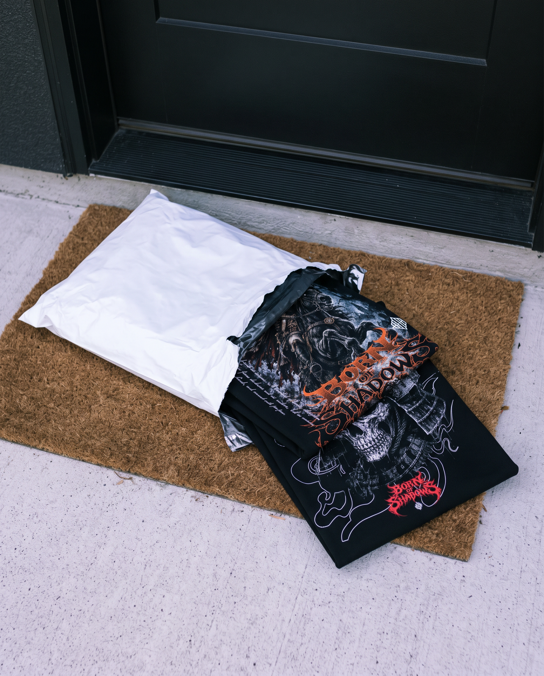 Born of Shadows tees delivered in a white mailer on a welcome mat